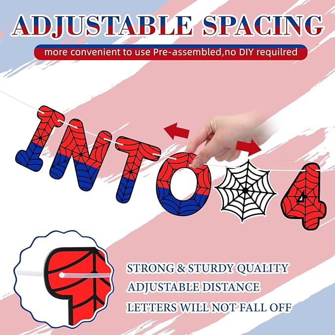 TaoBary Spider Theme 4th Birthday Banner, Pre-strung Swinging into 4 Banner, Spider 4th Birthday Decorations Party Supplies for Kids, Fourth Decor for 4 Year Old Boys Girls (Red and Blue)
