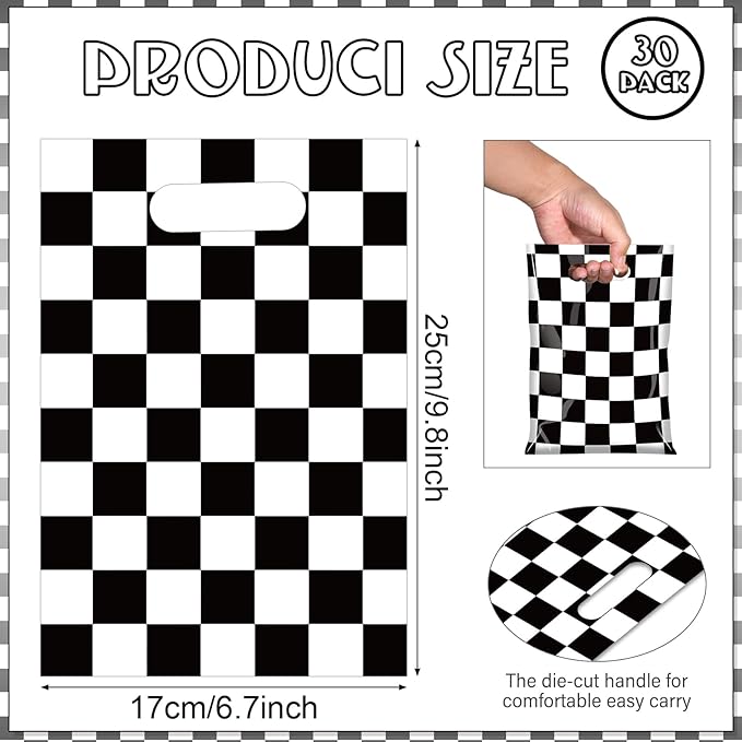 30 Pcs Black and White Checkered Race Car Party Favor Bags, Plastic Black and White Car Goodie Treat Bags, Racecar Buffalo Plaid Candy Gift Bags for Kids Fast Race Car Birthday Party Decorations