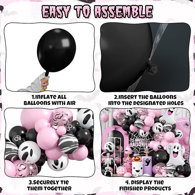 Halloween Balloon Arch Garland Kit, Black and Pink Balloons Ghost Foil Bat Balloons for Family,Halloween Party Background Classroom Decorations Cosplay Theme Party