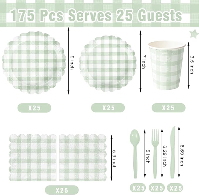 175 PCS Sage Green Gingham Party Supplies Includes Green Gingham Paper Plates, Cups, Napkins, Cutlery for Wedding Bridal Shower Birthday Baby Shower Party Decorations, Serves 25