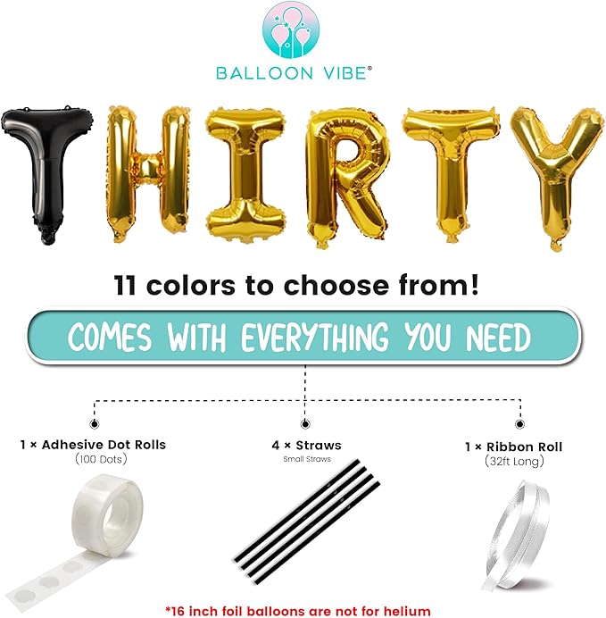 BALLOON VIBE Funny 30th Birthday Decorations for Him and Her - So Happy IM 30 Phrase Letters Banner - 16” Balloon Letters Foil Balloons for Happy Birthday Décor - Dirty 30 Birth Day