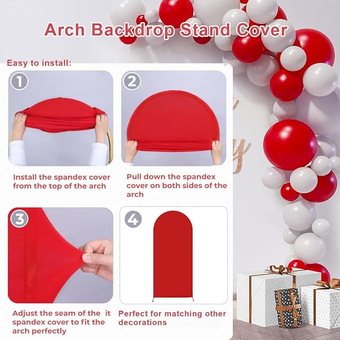 Wedding Arch Cover (7.2FT, 6.6FT, 6FT) Set of 3 Arch Backdrop Spandex Cover for Birthday Party Baby Shower Ceremony Banquet Decoration (Red, 7.2FT,6.6FT,6FT)