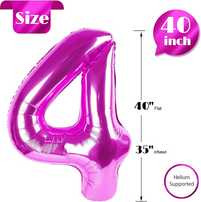 Rosy Purple Number 4 Balloon 40 Inch, 4 Balloon Number, 4th Birthday Decorations, Rosy Purple Party Supplies for Boys Girls