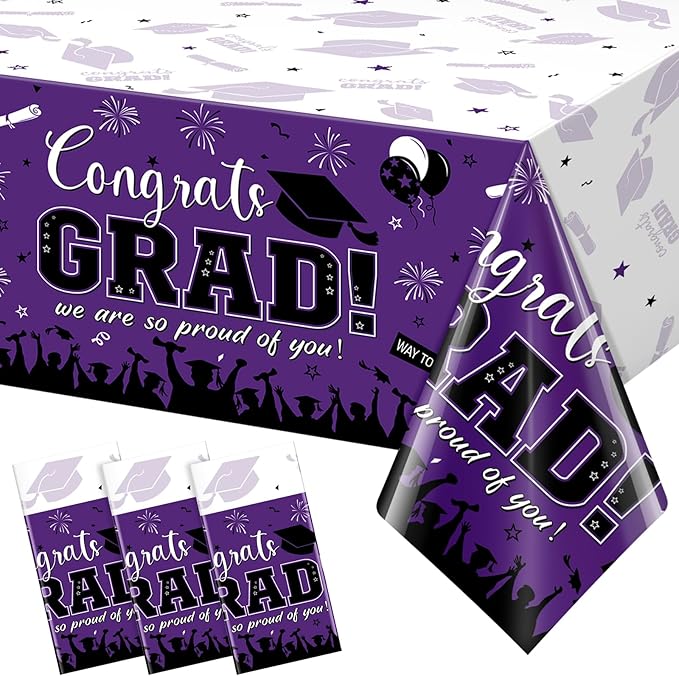3 Pack Graduation Tablecloth Party Decorations, Class of 2026 Congrats Grad Plastic Tablecover Party Supplies, Purple Rectangle Graduation Table Decorations for College High School Party, 54 x 108Inch