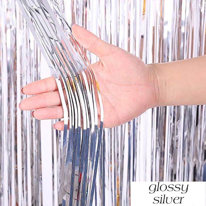Silver Foil Fringe Curtain for Birthday Party Decorations -6.5x6.5ft, Pack of 2 | LILF Silver Backdrop Curtain for Bachelorette Disco Party Decorations Foil Tinsel Party Streamers for Baby Shower