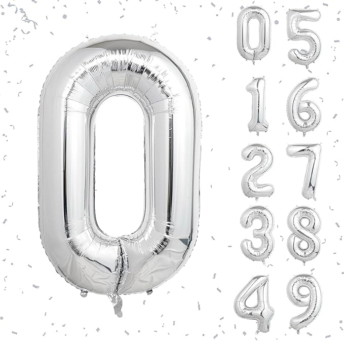 32 In Silver Large Numbers Balloons 0-9, Self Inflating Number 0 Balloons for Boys Girls, Big Silver Digit 0 Balloons for Women Men Birthday Party Anniversary Wedding Supplies Decorations