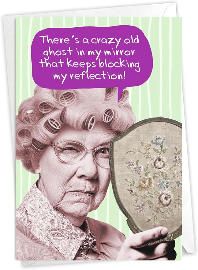 NobleWorks - 1 Hilarious Happy Birthday Card - Funny Old Woman Humor, Celebrate Birthdays - Haunted Mirror C3539BDG