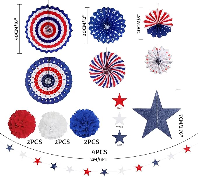MOVINPE 4th of July Patriotic Party Decorations Set, American Flag Hanging Paper Fans, Paper Flower Balls Pom Poms, 4Pcs Star Streamers Banner Garland Independence Day Party Supplies