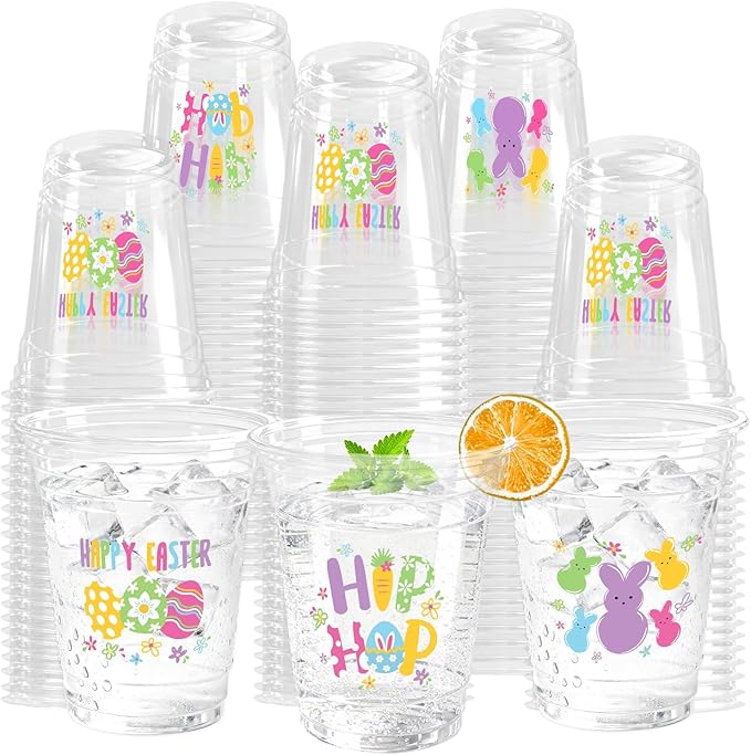 100 Pcs Happy Easter Plastic Cups, 12 Oz Rabbit Bunny Eggs Disposable Clear Party Cups for Spring Easter Party Decoration Supplies Cold Drinking Beverage Ice Cream Snacks