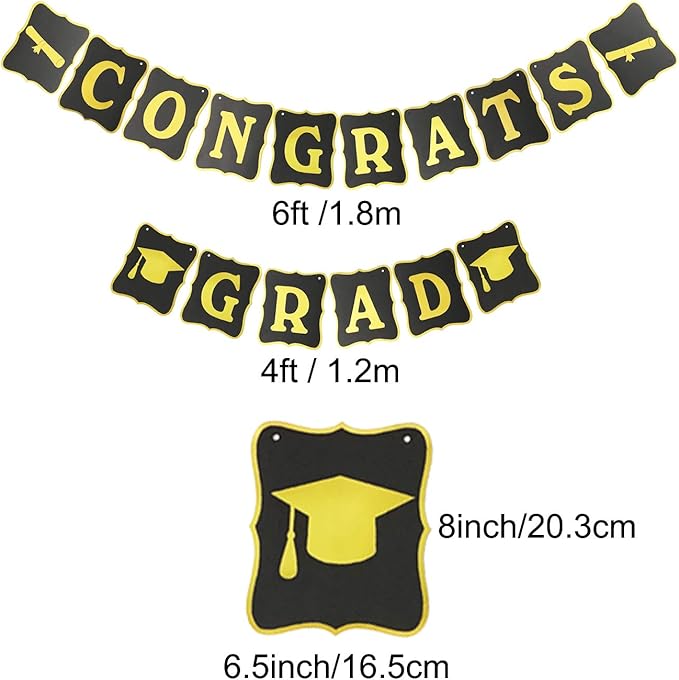 ZERODECO Graduation Decorations, Black and Gold Congrats Grad Banner Paper Pompoms Hanging Swirls Graduation Confetti Paper Garland Party Balloons for Grad Party Decoration Supplies