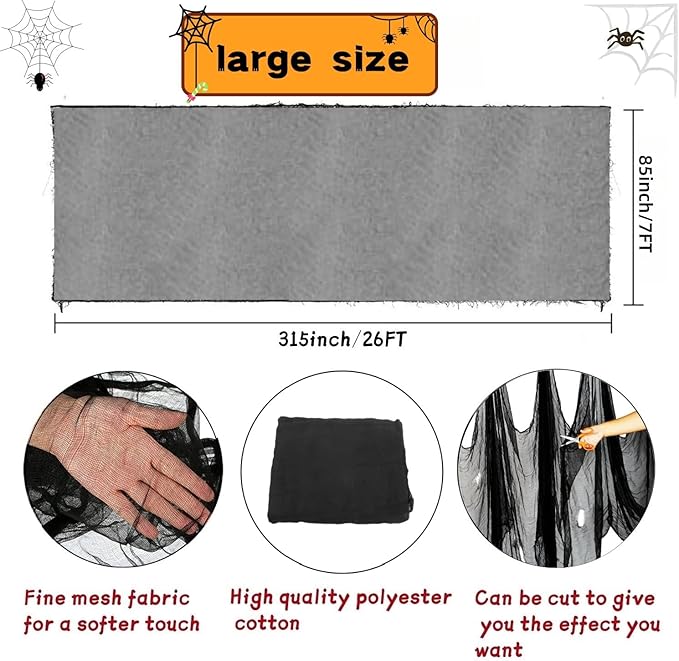 Halloween Creepy Cloth -1 Pack Black- 315x85 Inch Cotton Gauze Fabric - DIY Spooky Decor for Haunted House,Spider Web,Ghost - Indoor Outdoor Halloween Party Decorations