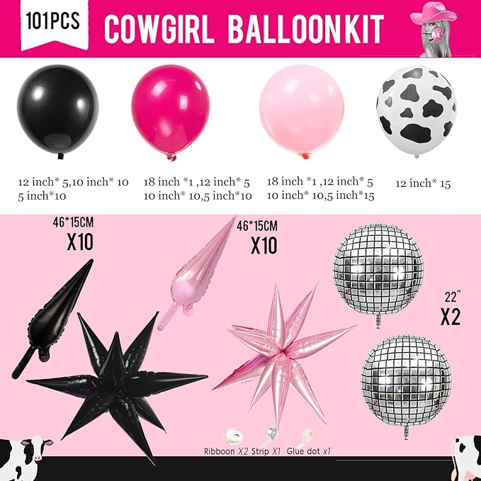 Hot Pink and Black Cowgirl Balloon garland Arch Kit 101Pcs with mylar foil Disco Ball Cow print Balloons for Girl birthday bachelorette party Decorations
