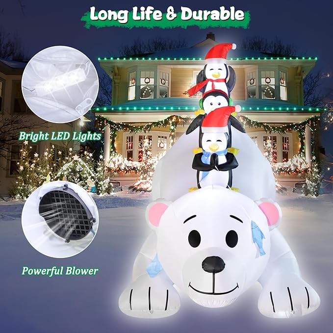 FunFanso 8 FT Christmas Inflatable Polar Bear with Penguins Outdoor Yard Decorations, Blow up 3 Penguins Fishing on Big Polar Bear with Bright LED Lights for Indoor Xmas Decor Outside Garden Lawn