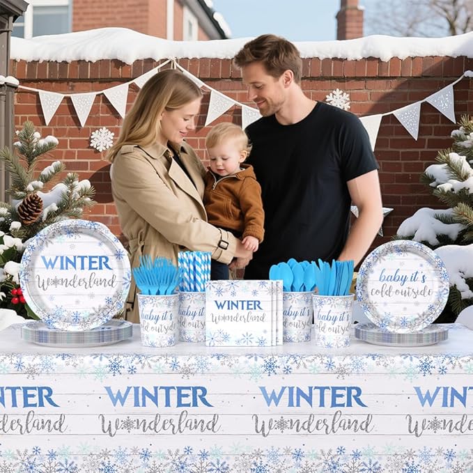 194pcs Winter Wonderland Baby Shower Decorations Winter Wonderland plates and Napkins, Cup, Tablecloth, Tableware, Blue Disposable Christmas Snowflake Party Supplies Serve 24 Guests