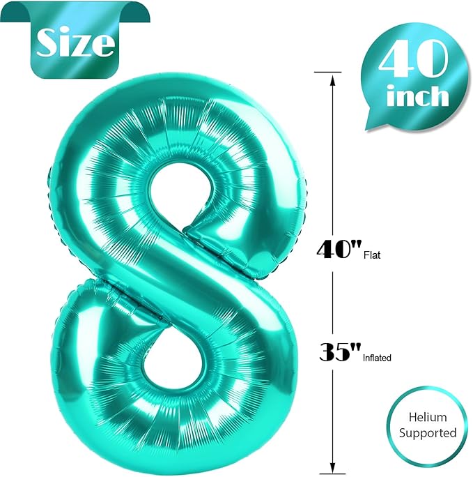 Teal Blue 8 Balloon, Number Balloons 40 Inch, 8th Birthday Decorations for Girls, Birthday Balloons, Teal Blue Party Supplies, Number 8 Balloon