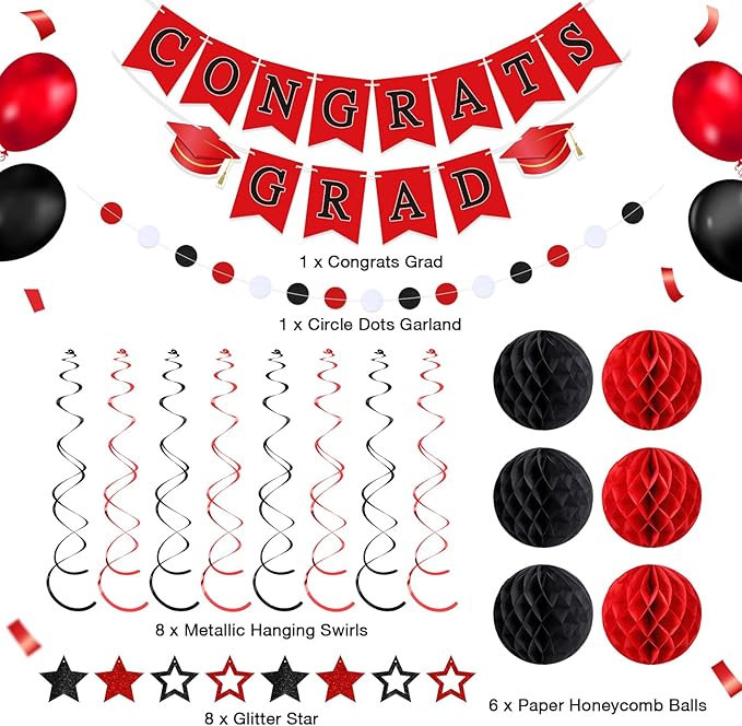 Red and Black Congrats Grad Banner 2026 Graduation Decorations with Hanging Swirl Honeycomb Ball Circle Garland Grad Party Favor Supplies for College Senior High School Classroom Decor