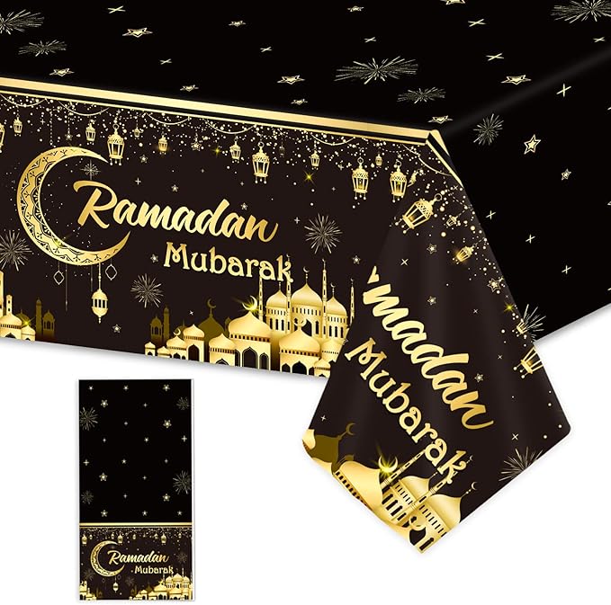 1PC Ramadan Mubarak Tablecloths Eid Mubarak Table Decorations Ramadan Kareem Party Supplies Black and Golden Rectangle Table Cover for Eid Al-fitr Party Favors