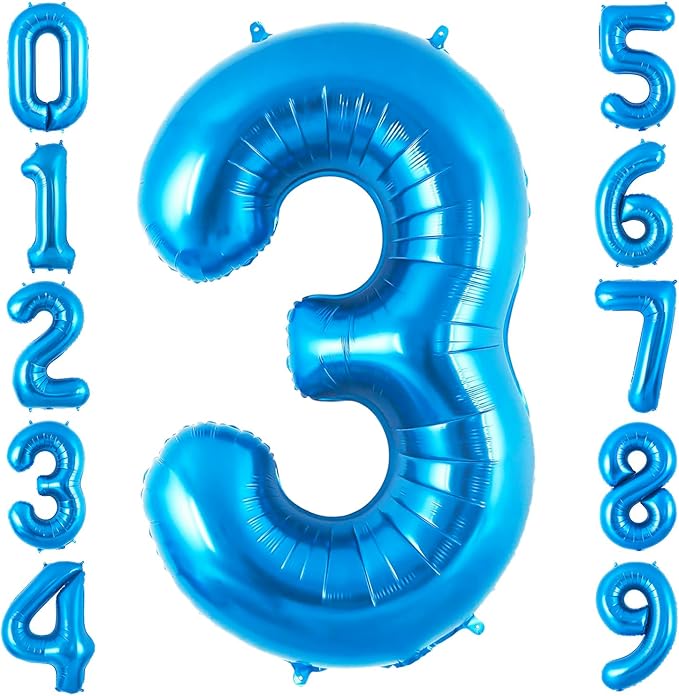 Blue 3 Balloon Number,40 Inch Number 3 Balloon Big Blue 3 Foil Mylar Helium Balloon for Birthday Party Decorations