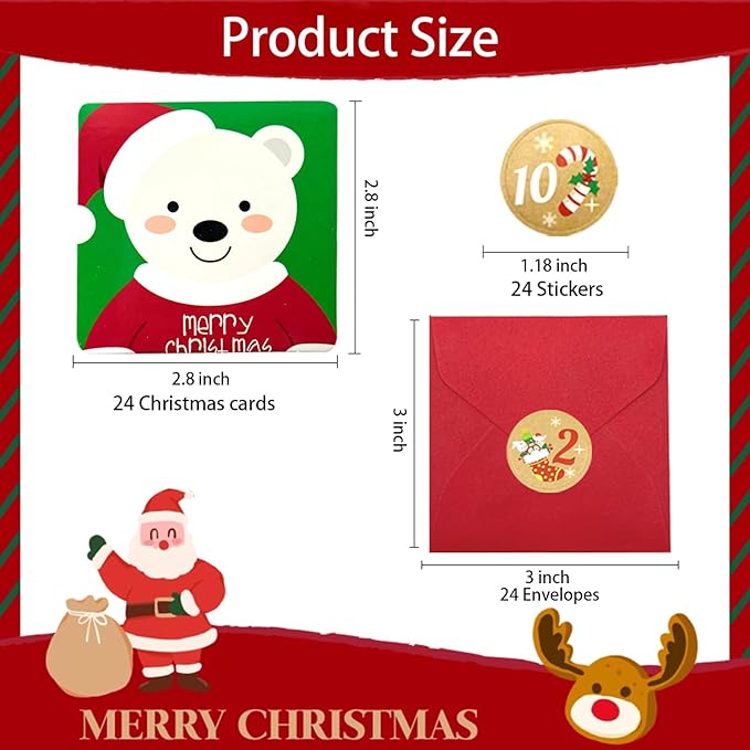 24 Christmas card with Envelopes& Sticker categories, holiday cuteness multiple loose cards with envelopes and written blessing messages, can be given to friends, family, children, boys and girls (Red)
