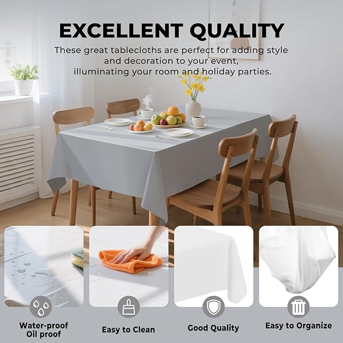 6 Pack Premium Disposable Plastic Tablecloth 54" x 108" Party Table Cloths Disposable for 6 to 8 Foot Tables Indoor or Outdoor Birthdays Weddings Christmas Anniversary Buffet Table (Silver grey)