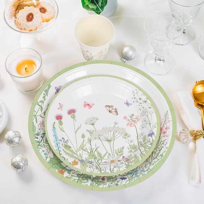 80pcs Wildflower Party Plates Disposable Tableware Set Green Paper Plates for 20 Guests Kids Party Spring Summer Picnic Wedding Tea Party Table Supplies (Include Plates, Cups and Napkins)