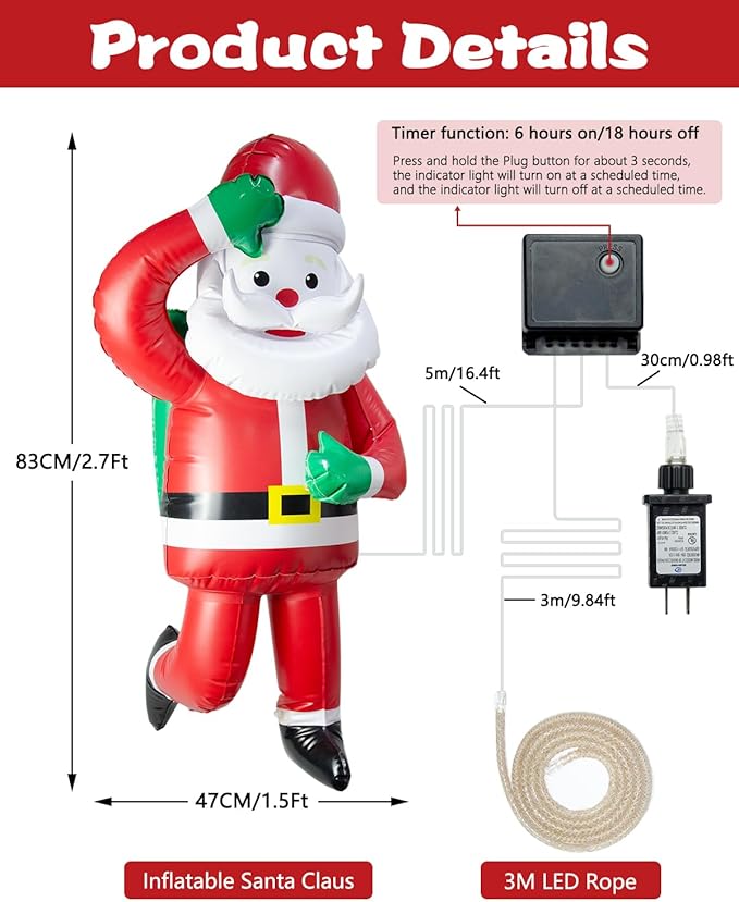 Christmas Inflatables Decorations Outdoor 9.8ft LED Xmas String Light with 2.7ft Luminous Santa Claus,LED Rope Hanging Lights Xmas Tree Decor for Window,Garden,Home,Indoor Decor Ornament Gifts