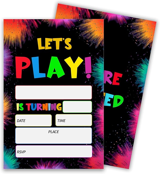 Let's Play Birthday Invitations, Colorful Splatter Design Party Invites for Boys Girls Teen Celebration, 20 Count Double Sided Cards with Envelopes, 4 x 6 Inch