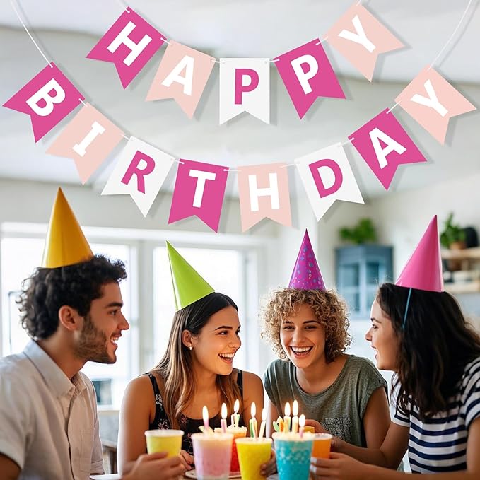 Happy Birthday Banner Sign, Birthday Garland Wall Door Hanging Banners Flag for Women Men Boys Girls Party Backdrop Decorations, Personalized Name Banner White Letters Pink and White ﻿