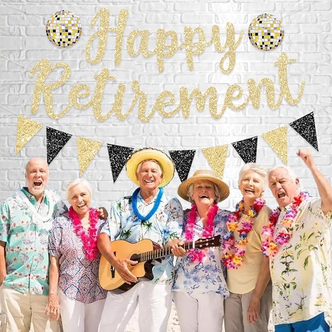 Pre Strung Happy Retirement Banner Party Decorations Gold Black Glitter Sign Bunting for Men & Women NO DIY