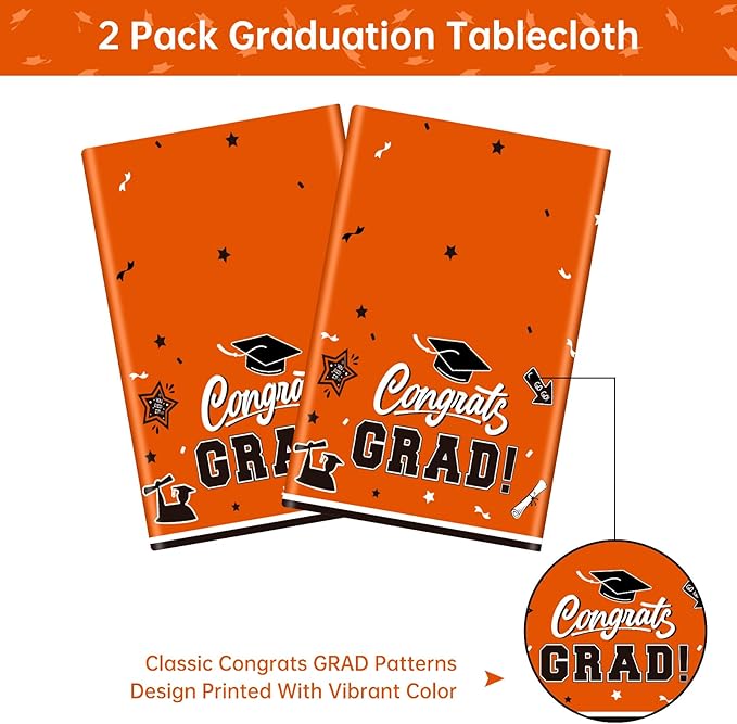 2 Pack Orange Graduation Tablecloth - Congrats Grad Table Cloths, Plastic Disposable Rectangle Class of 2026 Table Cover for Graduation Tables Decorations Party Decor Supplies Favors,108 x 54 Inch