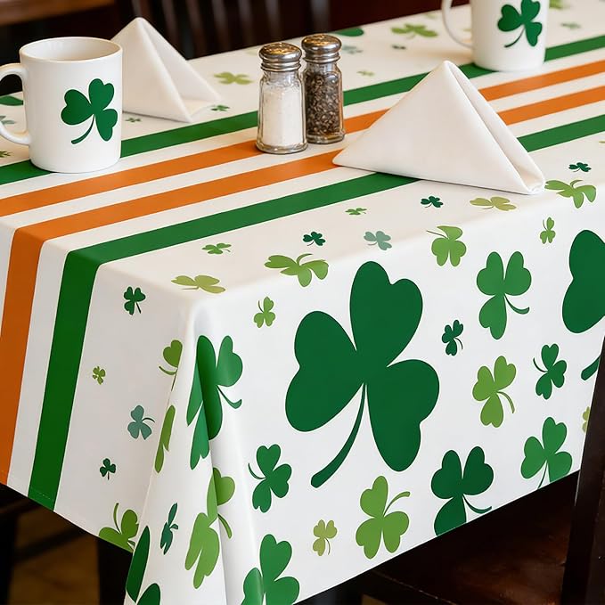 3 Pack St. Patrick's Day Tablecloths 54" x 108", Green Shamrock Plastic Table Covers, Disposable Party Tablecloths for St Patricks Day Decorations, Holiday Party Supplies