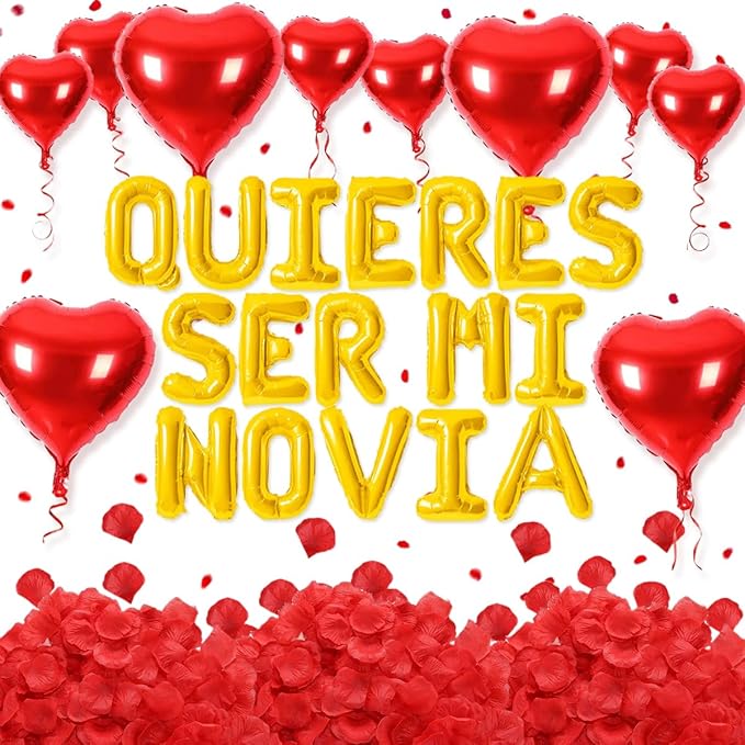 2 Set 16 Inch QUIERES SER MI NOVIA Balloons, Gold Will You Be My Girlfriend Letter Balloons Spanish with 200pcs Artificial Rose Petals for Valentines Anniversary Day Banner Decorations
