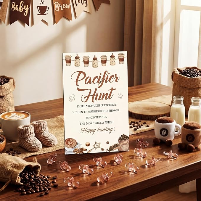 Thyle 51 Pcs A Baby Is Brewing Decorations Pacifier Hunt Coffee Theme Baby Shower Include Coffee Hunt Sign and 50 Acrylic Pacifiers Games Gender Reveal Party Supplies
