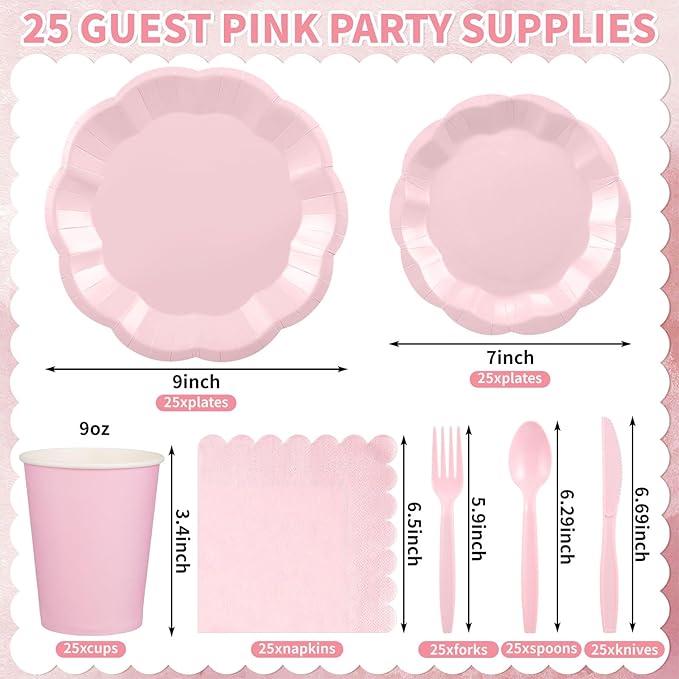 175 Pcs Pink Paper Plates and Napkins Set Include 9" Easter Plates, 7" Dessert Plate Disposable Scalloped Tableware Serve 25 Guest for Wedding Baby Shower Bridal Shower Birthday Mother's Day