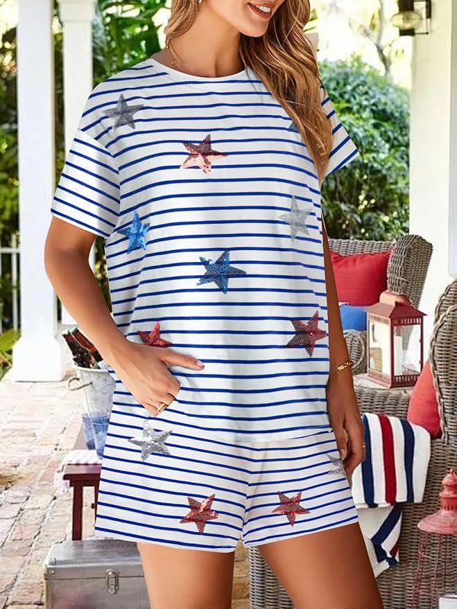 VILOVE 4th of July 2 Piece Sequin Outfits Women 250 Anniversary Usa Shirts and Short Sets Casual Patriotic Shirt Summer Set