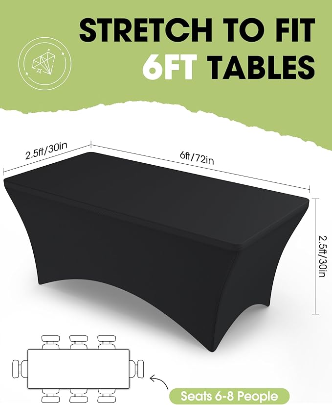 Pureegg Spandex Tablecloth 6ft - 6 Pack, Fitted and Stretch Table Cover for Rectangle Tables, Wrinkle-Resistant and Secure Fabric for Outdoor, Picnic, Party, Wedding, Banquet and Birthday, Black