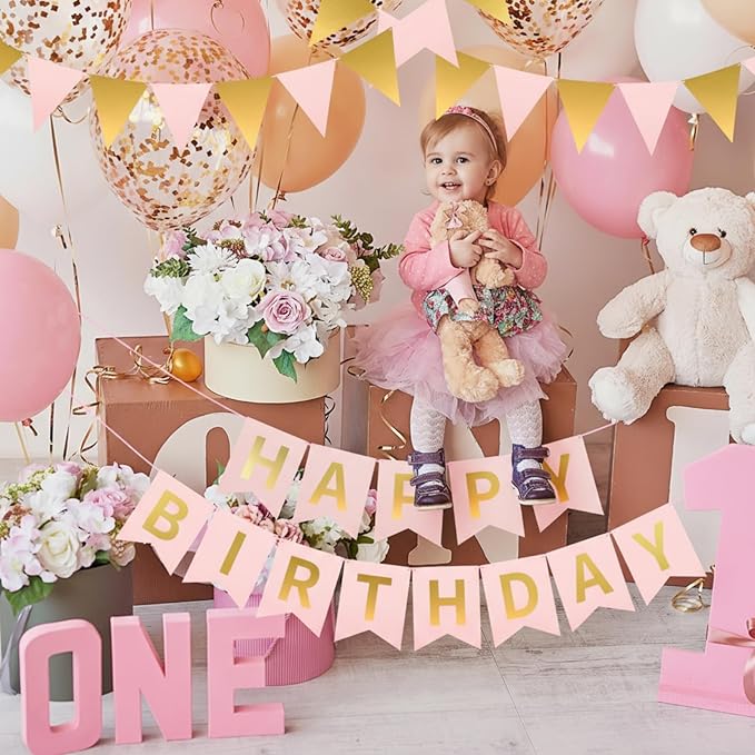 Irenare 4 Pieces Happy Birthday Banner Colorful Birthday Party Decor Rainbow Felt Garland Banner Rainbow Party Decorations Supplies(Pink, Gold)