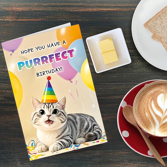 Happy Purrfect Birthday Card Funny Cat Bday Notecard Gift for Him Her Mom Wife Sister Coworkers Friends