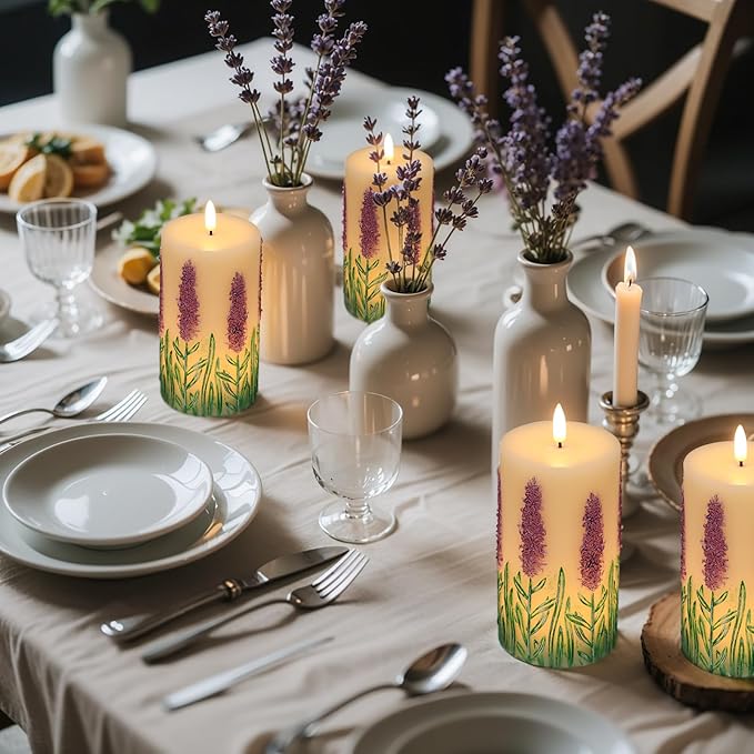 Lavender LED Candles with 6H Timer, flameless Candles with Flickering Flame, Waxy Pillar 2 Pack Flickering Unscented Home Holiday Decoration (3 inches x 6.5 inches)