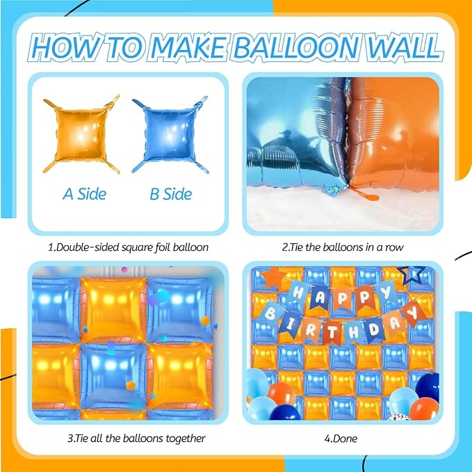 50PCS Blue and Orange Square Foil Balloons Wall, Double Sided Chrome Deep Blue and Orange Garland Kit, Reusable DIY Mylar Balloon Arch for Anniversary Birthday Engagement Party Background Decor
