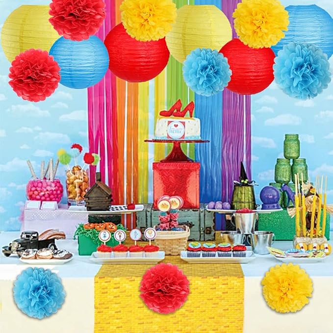 Carnival Circus Party Decorations, Red Yellow Blue Paper Lanterns and Pom Poms Flowers for Birthday Baby Showers Carnival Theme Rainbow Party Decor 15 Pieces