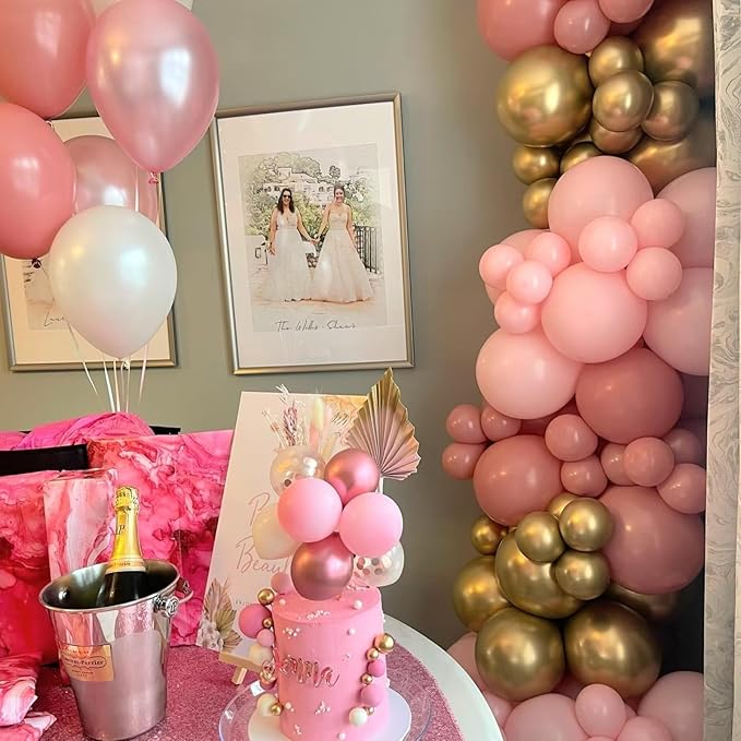 Pink and Gold Balloon Arch Kit, 100pcs Metallic Gold Pastel Macaron Pink Balloon Garland Kit with Different Sizes 18/12/10/5 inch Balloons for Baby Shower Wedding Girls Women Birthday Party Decoration