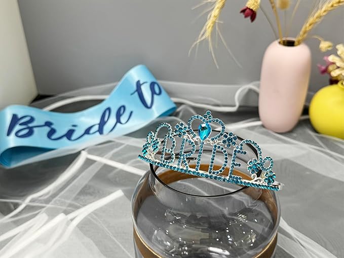 JETKONG 3 Pcs Bachelorette Party Decorations BRIDE Crown, Bride to Be Sash&Veil for Women Bachelorette Party Gifts, Bridal Shower Supplies, Gifts, Favors (Light Blue)