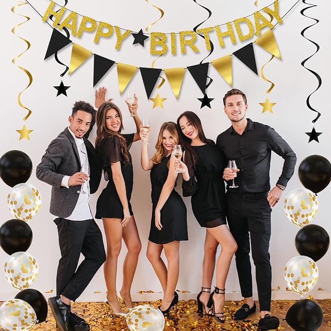 Happy Birthday Banner - Gold Birthday Banner with Garland, Balloons and Hanging Swirls for Party Decorations