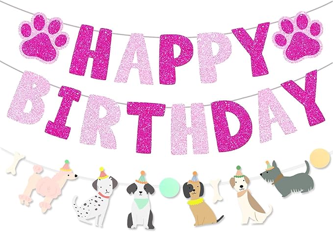 Dog Themed Puppy Paw Hot Pink Glitter Happy Birthday Party Banner for Girls & Women DIY Party Supplies (Glitter Paw Banner)