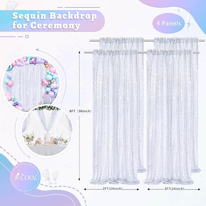 B-COOL 4 Panels Laser Silver Sequin Backdrop Curtains 2ftx8ft Disco Party Backdrop Fabric for Party Birthday Ceremony Backgroumd Decorations
