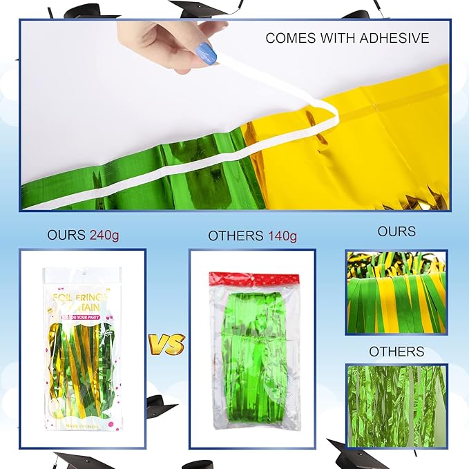 LOLStar Graduation Party Decoration, 4 Pack Green and Gold 3.3x6.6 ft Foil Fringe Curtains, Tinsel Backdrop, Graduation Photo Booth Prop Streamer Backdrop for Class of 2026, Prom and Grad Party Decor