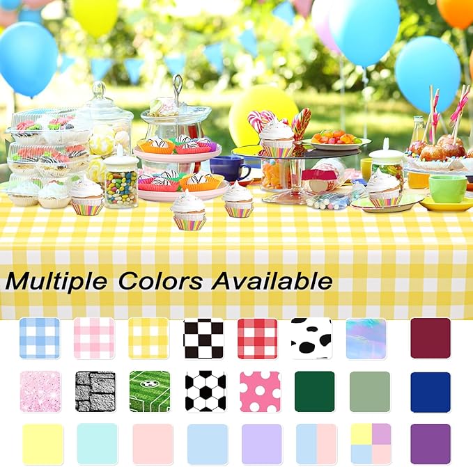 WNINK 2 Pack Light Yellow Gingham Rectangular Plastic Tablecloths, Yellow and White Checkered Disposable Table Covers 54" x 108" for Birthday, Wedding, Bridal Shower, Outdoor Picnic Camping Parties