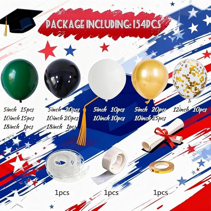Green Black White Balloon Arch Kit 154Pcs with Gold Confetti Balloon for Orange and Black Birthday Party Decorations Graduation Party Birthday Party