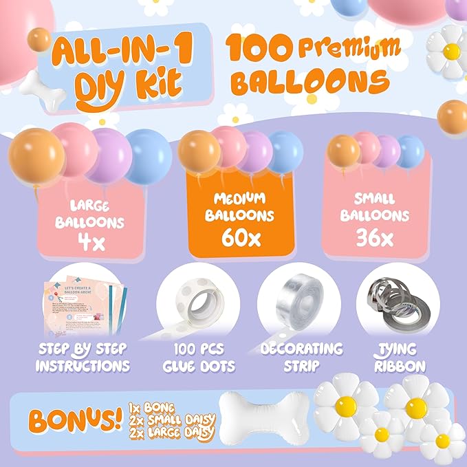 ALL-IN-1 Blue Balloon Arch Kit with BONUS Bone & Daisy Balloons for Birthday Decoration Girl - Pastel Balloons Garland for Blue Party Decorations & Party Supplies - Puppy Party Decorations